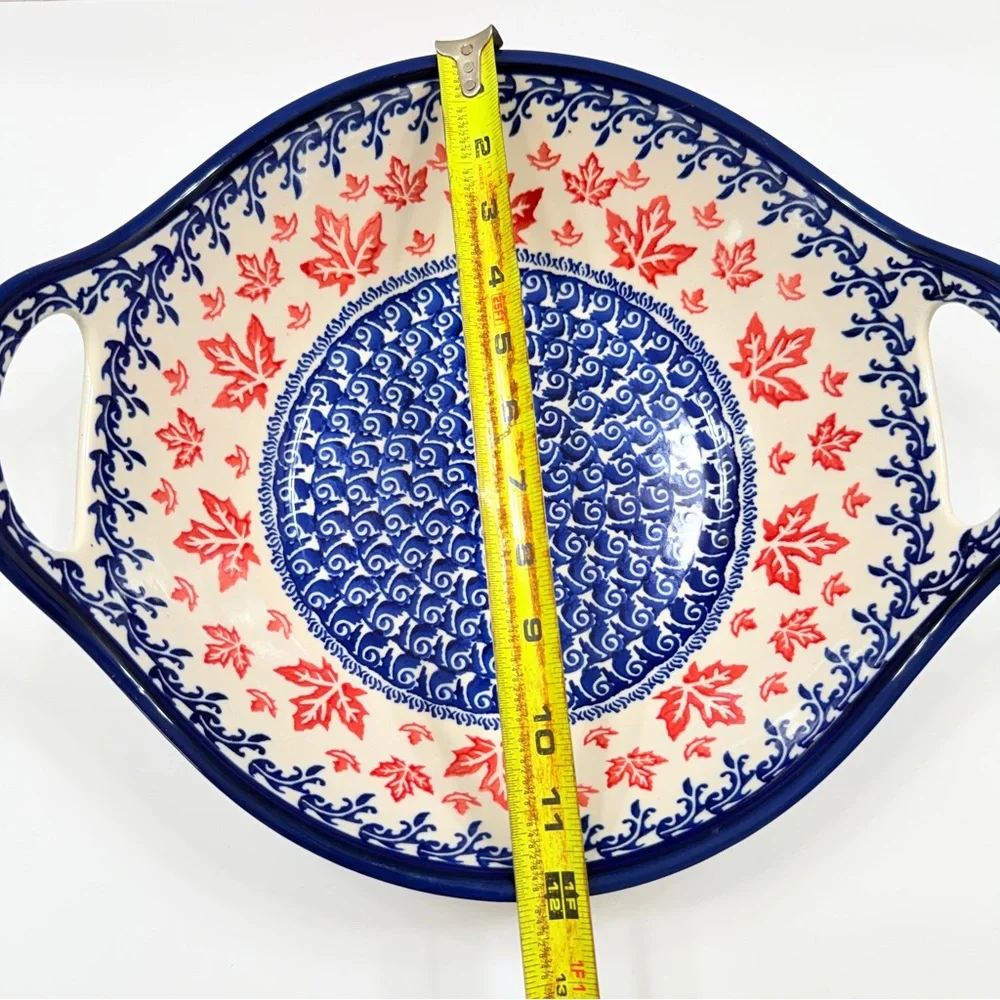 Boleslawiec Zaklady Polish‎ Pottery Red Maple Leaf Bowl Handles 14”, Large RARE